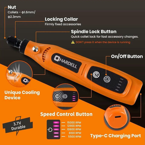 Orange Mini Cordless Rotary Tool Kit For DIY Projects 4V 5 Speed With 42 Accessories Rechargeable Pro Grade Power Tool