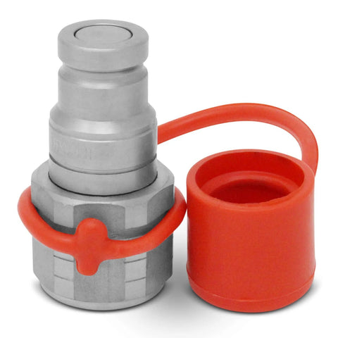 Hydraulic quick-connect coupler, 3/8 in flat-face, metal with red dust cap, 2-piece NPT-threaded set