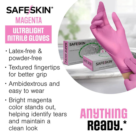Image of Magenta Nitrile Gloves 2.0 Mil Large Disposable Powder Free All Purpose 100 Ct packaging with features listed.