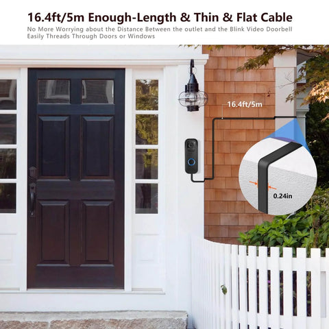 Front view of 2in1 Power Cable With Adapter And Adhesive Doorbell Mount For Video Doorbell 1st 2023 Release No Drill Easy Install showing length and flatness of cable next to a door.