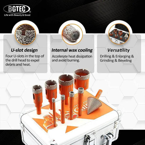 Dry Diamond Drill Bit Set For Granite Marble Tile Ceramic Porcelain And Masonry - 9 Vacuum Brazed Core Bits arranged on case