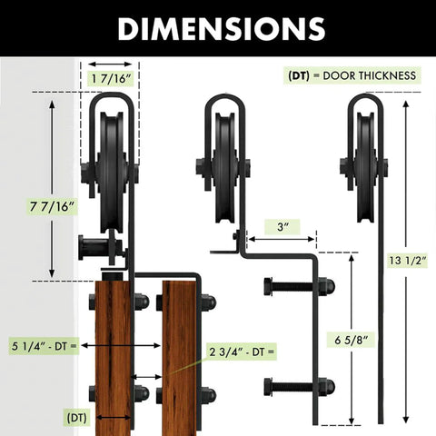 Diagram of Black Rustic Single Track Bypass Sliding Barn Door Hardware Kit dimensions and assembly for four doors.