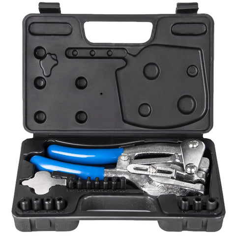 Pro Grade Metal Hole Punch Tool Set For Aluminum Brass And Steel in storage box, showing beefed-up hand punches, carbon steel construction.