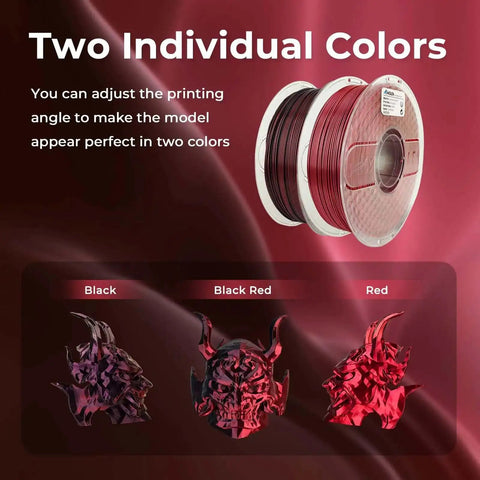 Silk Dual Color PLA Filament 1.75mm Red Black Coextrusion For 3D Printing, glossy silk finish, two-tone samples