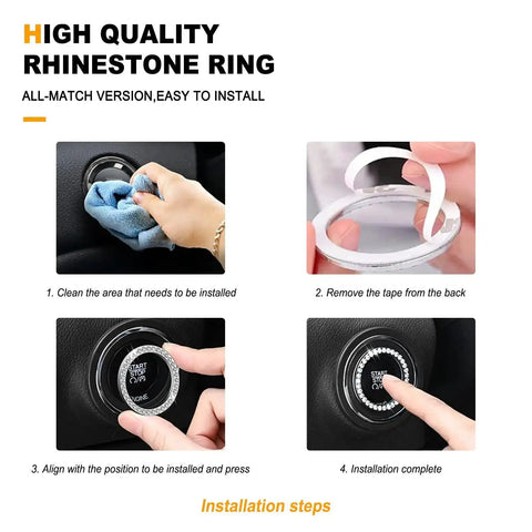 Installation steps for high-quality rhinestone ring, including cleaning, tape removal, alignment, and final installation on car panel.