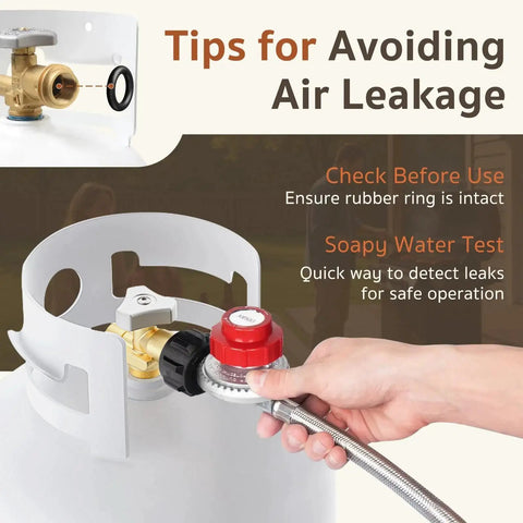 Hand installing adjustable 0-30 PSI propane regulator with gauge and 5ft stainless hose on tank with air leakage tips