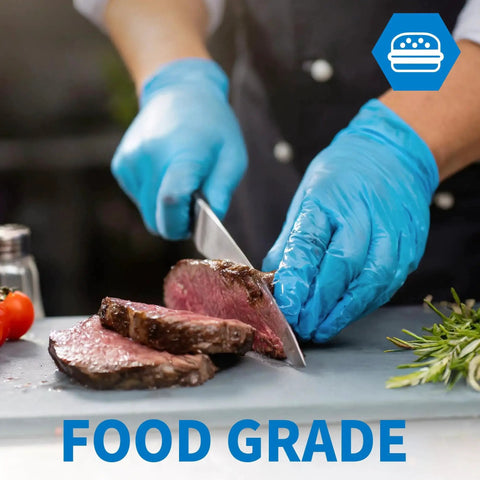 Chef wearing Powder Free Nitrile Exam Gloves 4.5 Mil Latex Free Blue 100 Medium Disposable slicing meat