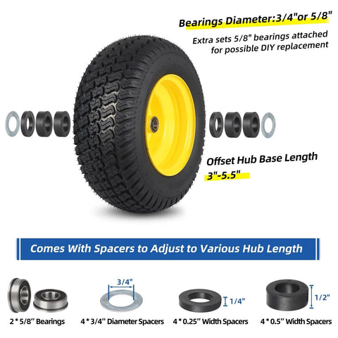 Beefy Tubeless 16X6.50-8 Lawn Mower Tires with Wheels 3 to 4.5 Inch Offset Hub 3/4 or 5/8 Inch Bearing S Turf Pattern
