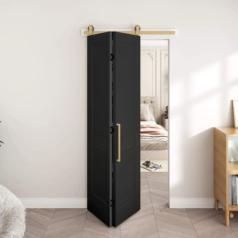 36 By 84 Inch Bifold Barn Door In Textured Black With Vinyl Wrap Two Panel Hollow Core Interior Door With Brushed Gold Hardware Kits Waterproof And Scratch Resistant Easy To Clean Kid Proof And Pet Friendly Great For Closets Pantries And Laundry Rooms installed view