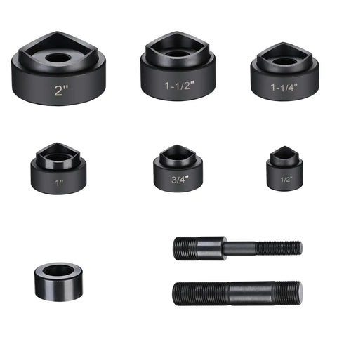 Heavy Duty Hydraulic Knockout Punch Kit 10 Ton With 6 Die Sets for 1/2 to 2 Inch Conduit showing included die sets