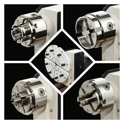 4 Inch Wood Lathe Chuck Set 1 Inch 8 TPI Nickel Plated Self Centering 4 Jaw Wood Turning Chuck With 5 Jaws For Turning Blocks And Shapes, Rust Resistant Scroll Chuck Compatible With Most Lathes, showing different jaw types and configurations.