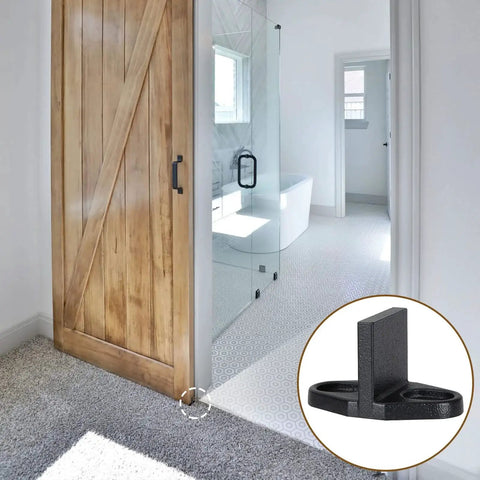 Four Pack Black T Shape Barn Door Floor Guides for sliding doors shown installed on carpet with close-up insert image.
