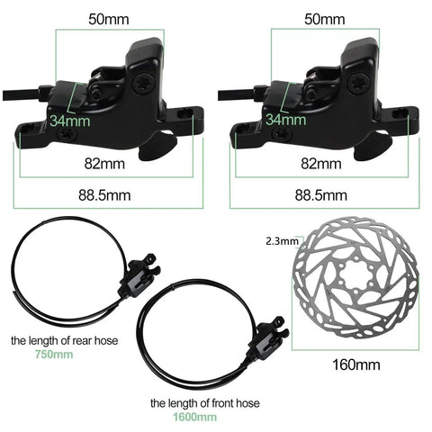 Bike brake set with two levers, 750mm rear and 1600mm front hoses, 2-piston calipers, 160mm 6-bolt rotor, aluminum