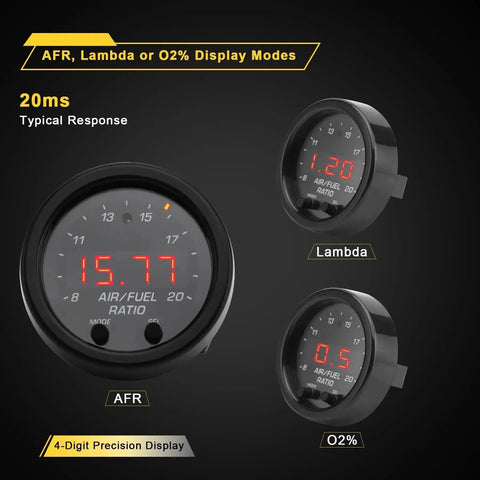 Wideband Air Fuel Ratio Gauge 52mm With LSU 4.9 Sensor AFR Lambda Controller Kit featuring 24 color LED display and 4-digit readout