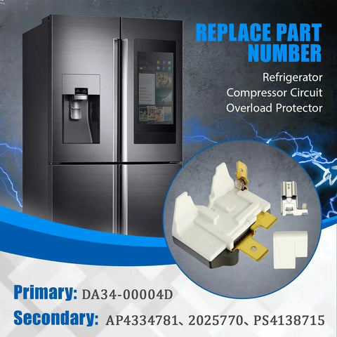 Samsung refrigerator with insert showing Plug And Play No Hassle Overload Relay Protector for Samsung models, replaces AP4334781 2025770.