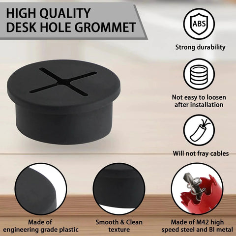 Image of 12 Pieces 1 Inch Desk Grommets And 1 Inch Hole Saw Set Black ABS Engineering Plastic Durable Cable Management displayed with features.