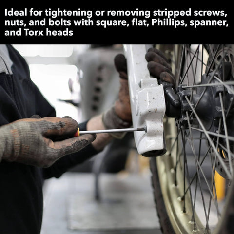 Mechanic using Liquid Paste Screw Grab for stripped screws quick dry anti seize compound on a bike wheel