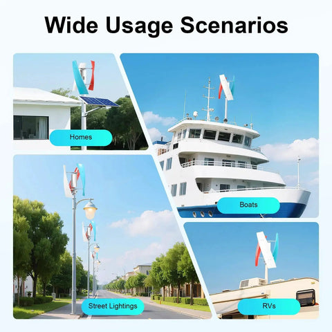 12V wind turbine kit with 3 vertical fiberglass blades; shown in homes, boats, streetlights, and RVs.