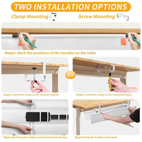 Installation guide for Under Desk Cable Management Tray with clamp and screw mount options, showing steps for desk setup.
