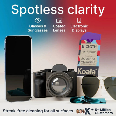 Japanese Microfiber Lens Cleaning Cloths Pack Of 2 For Glasses Cameras Screens displayed with phone, camera, and sunglasses