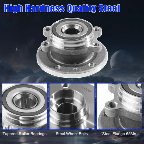 Wheel Hub Bearing Assembly 5 Lug With ABS Compatible With Audi A3 Quattro Q3 TT And VW Models 2006 2018 displayed with steel construction.