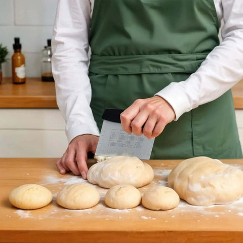 Person using 2 Pack 6 Inch Stainless Steel Bench Scrapers With Measuring Scale Dough Scraper And Pastry Chopper For pizza, bread, kitchen.