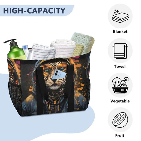 Cheetah Print Large Tote Bag For Women Canvas Tote Purse Reusable Grocery Bag Top Handle Handbag with waterproof lining and pocket.
