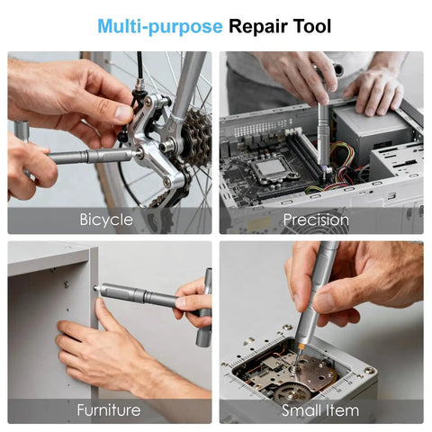 42 In 1 Magnetic Screwdriver Set With Ratchet Handle showing use on bicycle, electronics, furniture, and small items in a multi-purpose setup
