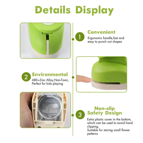 Details display of 1.5 Inch Circle Hole Punch for crafts and scrapbooking with ergonomic handle and safety design features.