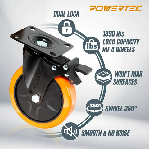 POWERTEC 6-inch swivel caster wheels, set of 4 with dual locking brakes, orange polyurethane wheels
