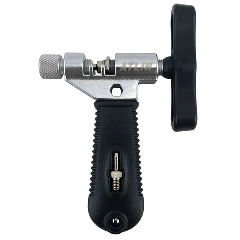 Pro Level Bike Chain Breaker Tool For 7 8 9 10 Speed And Single Speed Chains With Built In Hook For Holding The Chain During Maintenance And Quick Pin Installation Durable Aluminum Body Great For Home Workshops And On The Go From ATLIN, black handle and silver upper component