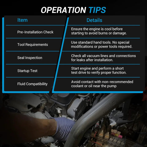 Brake booster vacuum pump in car engine bay with blue operation tips overlay and a gloved hand.