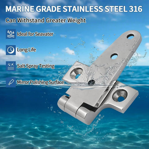 316 Stainless Steel T Hinges Marine Grade Heavy Duty With Screws 5.9 X 2.9 Inch, shown against water background, highlighting durability.