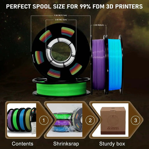 Glow In The Dark 3D Printer Filament Bundle Multicolor PLA 1.75mm 250G X 4 Pack In Green Blue Purple And Rainbow For Makers And DIYers