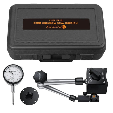 Dial Indicator Set With Magnetic Base Holder And Storage Case For Precision Measurement In 0 To 1 Inch Range 0.001 Inch Graduation
