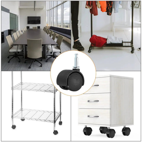 1 Inch Nylon Swivel Stem Casters 10 Pack With 360 Degree Insert Wheels for Chairs Shelves And Furniture Replacement 13 Kg Capacity Per Caster Floor Friendly Durable Nylon Rollers Black, used on office chairs, clothing racks, and cabinets.