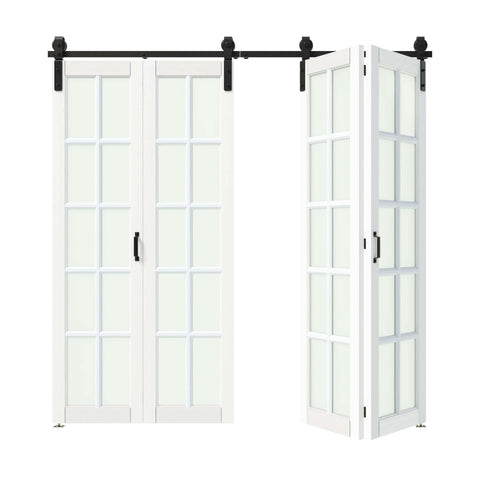 Bi Fold Sliding Barn Door Kit With 72 Inch Width And 84 Inch Height, 10 Lite Tempered Frosted Glass Panels, Sliding Hardware Included