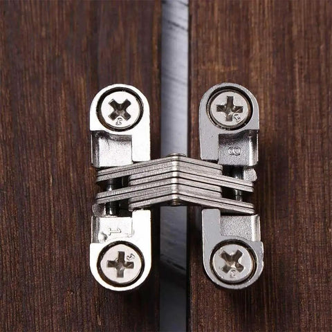 Close-up of Hidden Cross Hinges For Doors 4 Pack 180 Degree Opening Stainless Steel Satin Finish Invisible Gate Hinges Installed