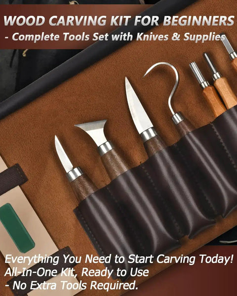 Deluxe Wood Carving Kit For Beginners To Pros With Leather Case And Packed Whittling Tool Set Of Knives And Chisels
