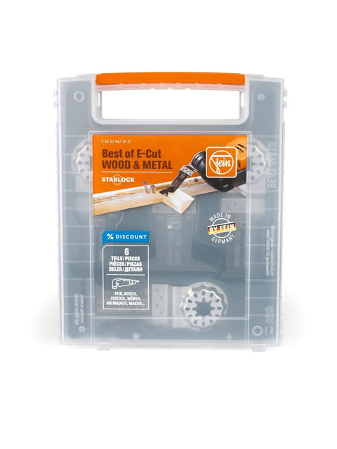 Best Of ECut Starlock Wood And Metal Saw Blade Set Six Piece Pro Kit in transparent case with orange handle.