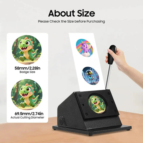 Hand using Heavy Duty Button Circle Cutter 2.75 Inch Circle To 2.28 Inch Button Pin Die Punch for craft badges with size diagram