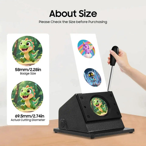 58mm Round Punch Die Cutter DIY Friendly Manual Paper Card Button Graphic Maker with Limit Port in use, showing badge size.