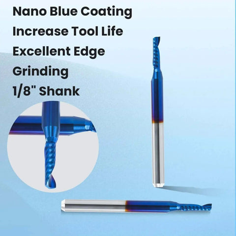Versatile CNC Router Bit Set For Wood Plastic And Acrylic Ten Pack O Flute Upcut Single Flute End Mills With One Eighth Inch Shank Two Millimeter Cutting Diameter Eight Millimeter Overall Length Tungsten Carbide Engraving Tool For MDF PVC Acrylic HQMaster with nano blue coating and 1/8" shank.