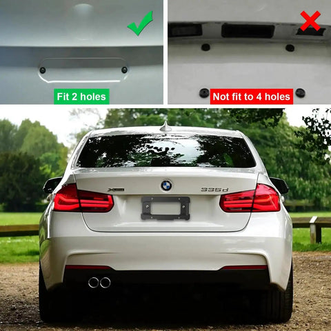 Rear License Plate Holder Bracket For BMW And Mini Cooper Bolt On Frame Fits 2005-2021 shown with two-hole rear install