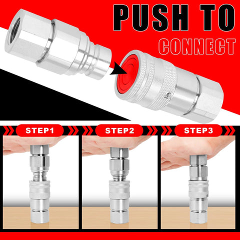 Hydraulic quick-connect couplers, 1/2 in NPT flat-face, with red dust covers, for skid-steer Bobcat ISO16028, 2-set