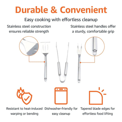Diagram showing features of 4 Piece Stainless Steel BBQ Grilling Tool Set with Carry Bag, highlighting rust-resistant tongs, fork, and spatula.