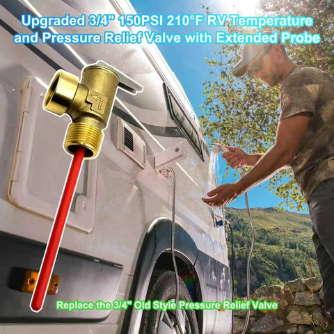 Close-up brass 3/4-inch T&P pressure relief valve with extended probe for RV hot water heater