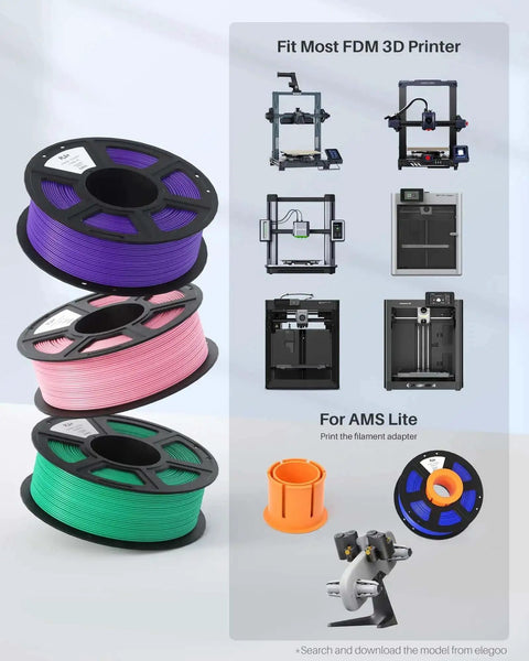 PLA Plus Filament 1.75mm 2kg Dual Spool Pack with purple, pink, and green spools, compatible with most FDM printers.