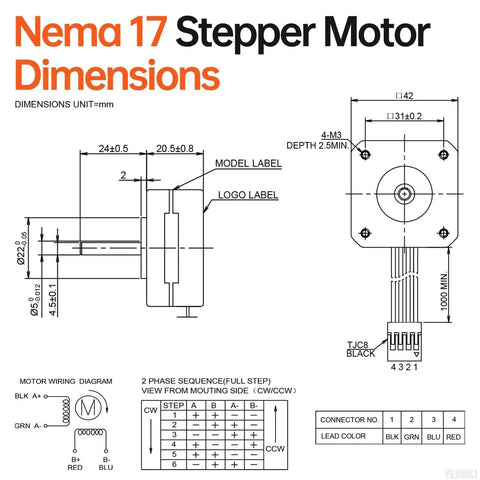 Technical drawing of Nema 17 Stepper Motor 1.8 Degree 2 Phase High Torque 0.13 Nm Bipolar 4 Wire Pancake Style 42x21mm dimensions