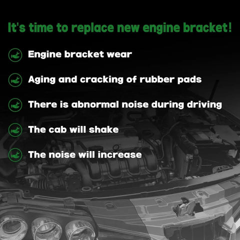 Engine with text overlay about replacing engine bracket due to wear and noise